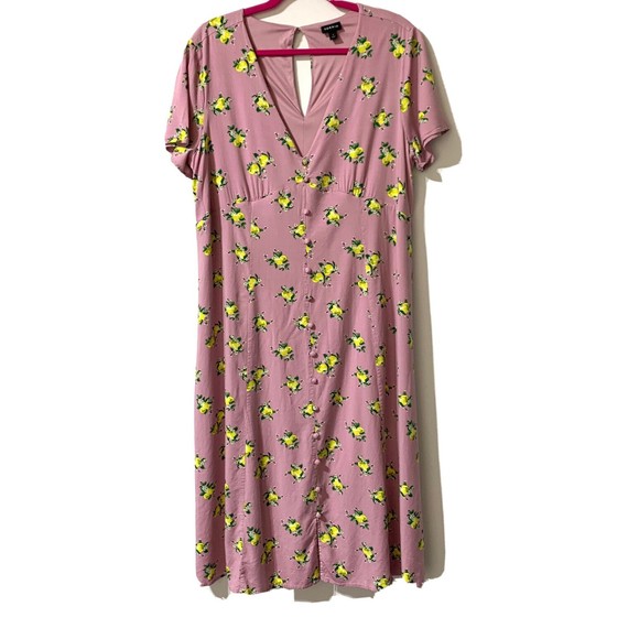 Torrid Midi Dress Size 1X Mauve Pink Lemon Novelty Print Challis Button Front - Picture 2 of 12